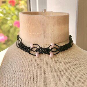 Boho Fairy Pearly Pink Beaded Macrame Necklace/Choker